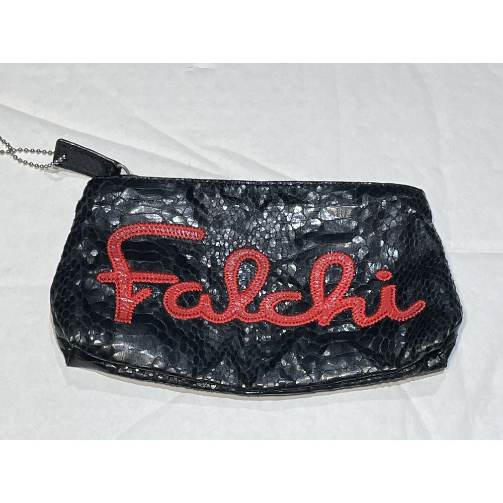 Carlos Falchi Black Snakeskin Python Clutch Cosmetic Bag Red Script Logo Vintage